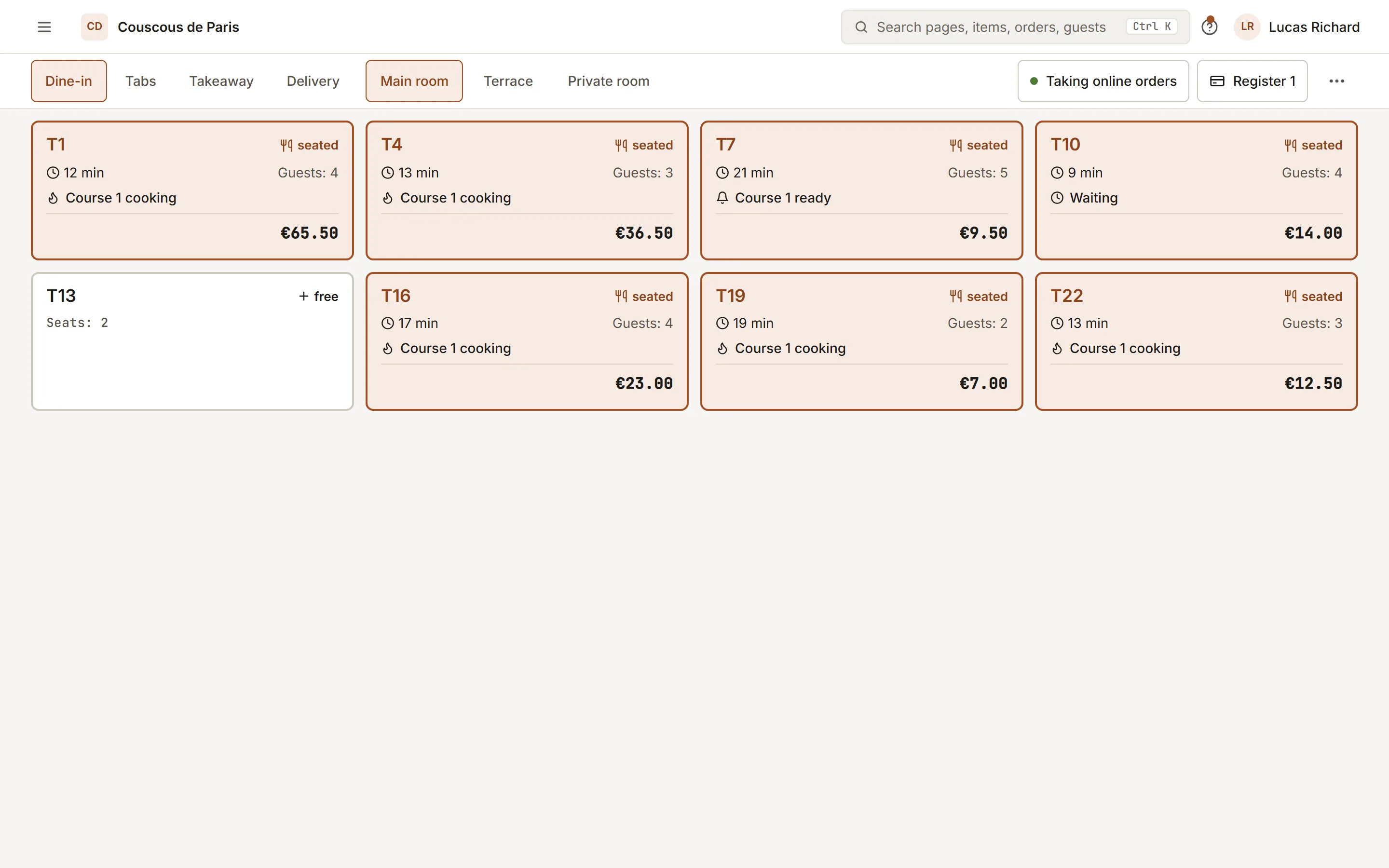 The floor plan on the point of sale, tables and their bills